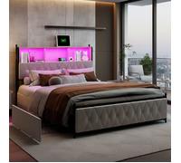 Lit 180x200 avec LED et USB, lit double avec sommier à lattes et 4 tiroirs, tete de lits avec rangement, lit adulte, velours, beige