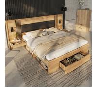Lit 180x200 avec sommier et 2 tables de chevet, Lit Double en bois avec lampe de lecture pour jeunesse, Naturelle (Sans Matelas)