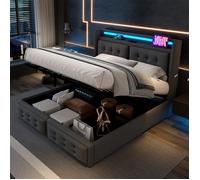 Lit 180x200 avec Sommier et Led - Lit 2 Personnes Coffre de Rangement - Cadre de Lit King Size - Prise USB C - Coton Lin - Gris