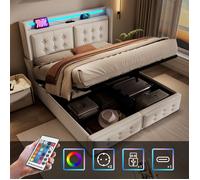 Lit 180x200 avec Sommier et LED - Lit 2 Personnes Coffre de Rangement - Cadre de Lit King Size - Prise USB C - Beige - Coton Lin