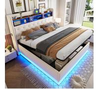 Lit 180x200 avec Sommier et LED, Lit Coffre pour 2 Personnes, Lit Double King Size avec Rangement et Port USB, Lin Doux, Beige