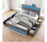 Lit 180x200 avec sommier, lit coffre 180x200 avec 4 tiroirs,LED et USB, lit double,litcoffre 180x200 coffre,lit 2 personnes,Lin gris