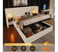 Lit 180x200 avec Sommier,Lit Coffre de Rangement pour Double Adulte,Table Chevet,Lampe de Lecture,USB-C,Tissu Velours Côtelé Beige