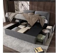Lit 180x200 avec Sommier, Lit Coffre pour Double, 3 Tiroirs de Rangement, King Size, Cadre de Lit Capitonné, Velours, Gris
