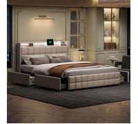 Lit 180x200 cm avec 4 Tiroirs, Lit Double en Lin avec Éclairage LED, Prise USB/Type C, Tête de Lit avec Étagère de Rangement, Beige