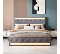 Lit 180x200 cm, avec LED et 4 tiroirs, lit king size, lit 2 places, avec sommier à lattes, tete de lit, USB, tissu en lin, gris