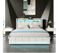 Lit 180x200 cm, avec LED et 4 tiroirs, lit king size, lit capitonné, avec sommier à lattes, tete de lit, USB, tissu en lin, beige