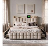 Lit 180x200 cm, lit double grand confort, 4 tiroirs, LED et USB, tissu en lin, sommier inclus, Beige