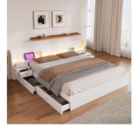 Lit 180x200 cm , Lit en Bois Multifonction Avec Tiroirs de Rangement et 2 Tables de Chevet LED/USB, Sans Matelas, Kiefer/MDF, Blanc