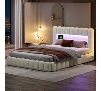 Lit 180x200cm Avec LED Tête De Lit, Lit Capitonné Avec Rangement, Lit Coffre, Lin, Beige