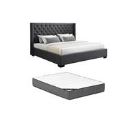 Lit 200 x 200 cm avec tête de lit capitonnée - Tissu - Gris + Matelas - MASSIMO