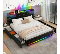Lit 5-en-1, 140x200cm, Noir, Velours avec Bluetooth, Lumières LED, USB/Type-C, 4 Tiroirs de Rangement & Lattes en Bois