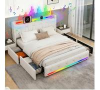 Lit 5-en-1, 140x200cm Velours, Beige avec Lumières LED, Bluetooth, USB/Type-C, 4 Tiroirs de Rangement & Lattes en Bois