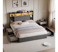 Lit 90*200/140*200/160*200 cm avec tiroirs, lit capitonné, lit simple, lit double, lit fonctionnel, lit enfant, avec tête de lit et rangements pour la chambre, linge de lit, beige/gris, matelas non in
