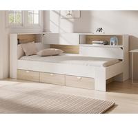 Lit 90 x 190 cm avec rangements - Coloris : Blanc et naturel + Sommier + Matelas - TAMADU