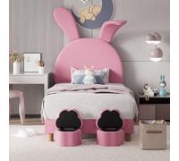 Lit 90 x 200 cm avec deux accoudoirs de rangement, lampe de chevet à LED, oreilles de lapin repliables, sans matelas, lit d'enfant, sommier à lattes, tête de lit réglable en hauteur