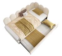 Lit 90x190 cm en velours beige avec lit gigogne 90x190 cm et design grille ludique - Gain de place