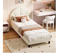 Lit 90x190 cm - Lit Simple 90x190 Rembourré - Tête de Lit Réglable - Lit Enfant 90x190 Fille Design Coquille - en Velours Beige