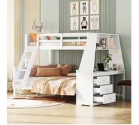 Lit 90x200 cm + 140x200 cm en pin massif et MDF blanc avec bureau intégré et grands rangements
