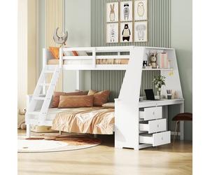 Lit 90x200 cm + 140x200 cm en pin massif et MDF blanc avec bureau intégré et grands rangements