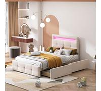 Lit 90x200 cm avec LED et 2 Tiroirs, Lit à Linge Haut de Lit Réglable en Hauteur, Sommier à Lamelles Inclus, Cadre de Lit Moderne en Tissu Lin Beige pour Enfant Adulte Chambre Gästebett