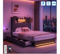 Lit 90x200 cm avec USB Tpye C et LED, Lit coffre avec 2 tiroirs de Rangement et bibliothèque, Lit une place 1 personne, Lin, Gris