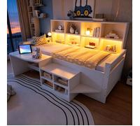 Lit 90x200 cm Combine Mezzanine enfant Avec bureau coulissant rangement latéral armoire tiroirs - blanc