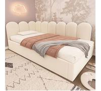 Lit 90x200 cm en velours beige avec lit gigogne 90x200cm et design grille ludique - Gain de place