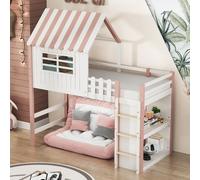 OKWISH Lit Mezzanine 90x200 cm - Lit Enfant avec Étagère et Toboggan, Éclairage LED Télécommandé, Sans Matelas, Pin Massif et MDF, Blanc
