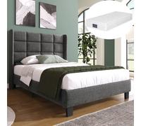 Lit - 90x200 cm - Tête de lit capitonnée - Matelas à ressorts - Gris
