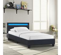 Lit 90x200 Solide et Confortable avec Sommier et Tête de Lit Eclairage LED - Pieds de 10 cm - 13 Lattes - Revêtement PVC Simili Facile d'Entretien - Montage Rapide et Facile - LIT ANGEL NOIR