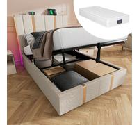 Lit 90x200cm avec matelas 406 ressorts, coffre hydraulique, LED RGB APP, USB-C, beige