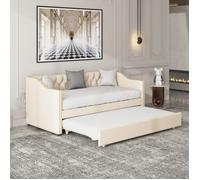 Lit 90x200cm gigogne canapé-lit rembourré de lin pour enfant jeunesse adulte sans matelas beige