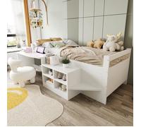 Lit 90x200cm Lit mi-Haut Multifonctionnel,Lit Simple en Bois avec Bureau,Ports de Recharge et Plusieurs Compartiments de Rangement