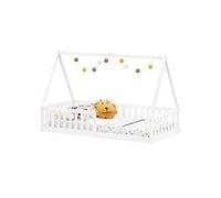 Lit cabane enfant 90x200 cm NICOLAS lit Simple montessori avec Barrières de Protection en Bois Massif, Laqué blanc