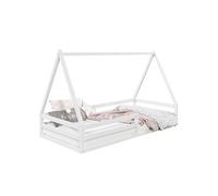 Lit cabane SILA 90x200 cm, lit simple enfant 1 place type Montessori, en pin massif blanc