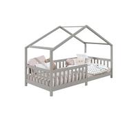 Lit cabane enfant 90x200 cm LISAN lit Simple montessori avec Barrières de Protection en Bois Massif lasuré gris