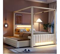 Lit à baldaquin 140 × 200 cm 2 places avec lit gigogne, 3 tiroirs et LED, sans matelas, beige - UVRION