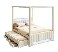 Lit à baldaquin 140/200 cm beige en lin et MDF avec LED lit gigogne