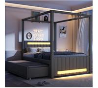 Lit à baldaquin 140 x 200 cm gris avec lit gigogne, 3 tiroirs, LED, structure en MDF et lin