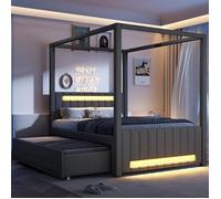 Lit à baldaquin adulte 140x200 cm Lit enfant Lit double en lin avec LED lit gigogne 3 tiroirs et sommier à lattes - gris