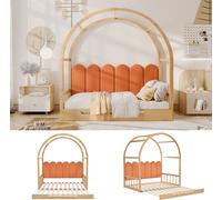 Lit à baldaquin modulable, lit coulissant, lit d'enfant, lit de jour, lit double, coussins en velours, structure en pin, couleur naturelle et orange (140 x 100 cm et 140 x 200 cm),