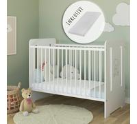 Lit à barreaux pour bébé avec matelas & gravure d'ourson 60x120 réglable en hauteur | barreaux amovibles blanc Europe