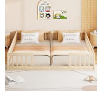 Lit à panneaux 90 x 200 cm avec barrières et sommier à lattes – Lit double en bois de pin naturel, style minimaliste, pour 2 enfants, 204 x 187 x 40 cm