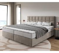 Lit à sommier tapissier Dream-Fine microfibre beige 200x200 cm avec matelas à ressorts ensachés et Visco-Surmatelas