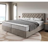 Lit à sommier tapissier Dream-Great Microfibre beige 200x200 cm avec matelas à ressorts ensachés et surmatelas en mousse viscoélastique