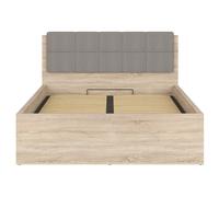 Lit adule 140x200 avec tête de lit capitonnée beige,sommier et rangement, coloris chêne Sonoma - Longueur 204,5 x Profondeur 149 x Hauteur 95/40,5 cm