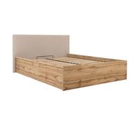 Lit adule 140x200 avec tête de lit capitonnée beige,sommier et rangement, coloris Chêne wotan - Longueur 204,5 x Profondeur 149 x Hauteur 95/40,5 cm