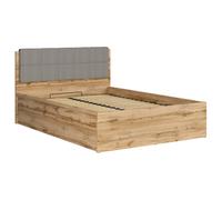 Lit adule 140x200 avec tête de lit capitonnée gris clair,sommier et rangement, coloris Chêne wotan - Longueur 204,5 x Profondeur 149 x Hauteur 95/40,5 cm