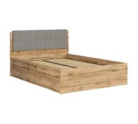 Lit adule 140x200 avec tête de lit capitonnée gris clair,sommier et rangement, coloris Chêne wotan - Longueur 204,5 x Profondeur 149 x Hauteur